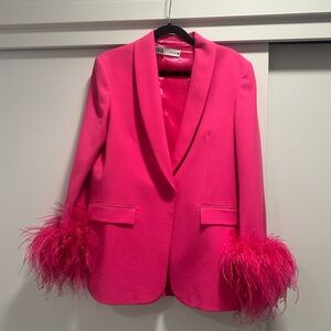 Zara Vibrant Pink Blazer with Feather Cuffs